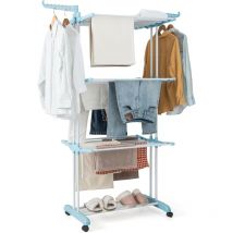 Costway - Sechoir à Linge Pliable 3 Niveaux, Étendoir Linge à roulettes en Métal, Sechoir Tancarville Solide avec 2 Porte-cintres, Porte-Chaussures,