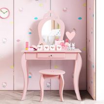 Costway - Coiffeuse pour Enfant avec Miroir, Inclus de Table de Maquillage et deTabouret, Dessus Amovible, Contemporain, 70 x 34 x 105 cm (Rose)