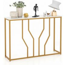 Konsolentisch, Eingangstisch schmal Marmor Optik, Sofatisch mit geometrischem Metallrahmen, Beistelltisch Gold + Weiß, 110 x 30 x 80 cm, für