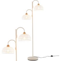 Lampadaire sur Pied Salon, Lampadaire à 2 Lampes Rotative à 350°, Interrupteur au Pied, Abat-jours Tissés, Lampe Vintage, 2 Bases d'Ampoules E27,