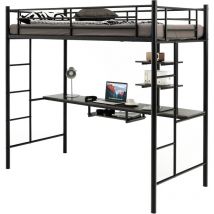 Lit Mezzanine en Métal avec Bureau, 90 x 190 cm, avec 2 Etagères, 2 Échelles, Garde-Corps sur Toute la Longueur, Noir - Costway