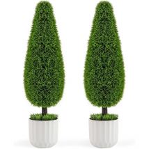COSTWAY Lot de 2 Arbres Arbustes de Cèdre Artificiel 90 cm en Forme de Larme, Fausse Plante Topiaire en Pot en Plastique avec Ciment Fausses Vignes,