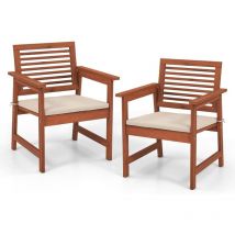 Costway - Lot de 2 Chaises de Jardin en Bois Massif avec Coussin Amovible, Fauteuil de Jardin à Lattes, Siège d'Extérieur pour Terrasse, Balcon,