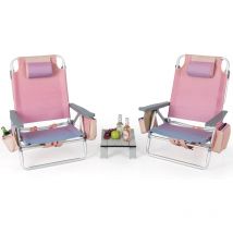 Costway - Lot de 2 Chaises de Plage Pliante avec Table Enroulable en Aluminium, Fauteuil de Jardin Inclinables à 5 Positions Charge Max 136 kg, pour
