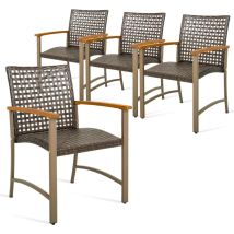 Costway - Lot de 4 Chaises de Jardin Empliables en Rotin, Fauteuil d'Extérieur avec Accoudoirs en Bois d'Acacia et Structure Métallique Robuste, pour