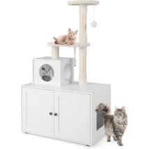 Maison de Toilettes pour Chat avec Condo et Poteaux en Sisal, Arbre à Chat avec Toilettes Cachées et Dispositif Anti-Renversement, Meuble à Litière