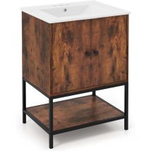 Costway - Meuble de Salle de Bain avec Lavabo, Meuble de Rangement avec Lavabo en Céramique, 2 Portes et Etagère Ouverte, Meuble de Lavabo