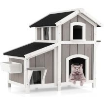 Niche pour Chat Exterieur, Maison Chat en Bois 2 Étage, 3 Compartiments, Toit en Asphalte, Rideaux en pvc, Cabane Chat Exterieur Interieur, 6 Portes,