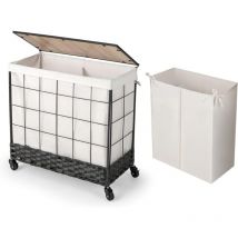 COSTWAY Panier à Linge 2 Compartiment avec Couvercle en Bois, 130 L, Corbeille à Linge Tressé, Bac a Linge à Roulette, Meuble Linge Sale, Sac à