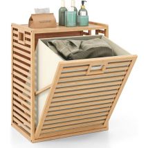 Costway - Panier à Linge en Bambou, 2 Compartiment, Meuble Linge Placard 68 l, Panier à Linge Amovible, Sac à Doublure Amovible, Meuble Linge Sale