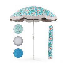 Parasol Plage 200 cm avec Franges, Parasol de Jardin Extérieur Inclinable, Parasol Plage Pliable Compact, Tissu en Revêtement Argenté, Pied d'Ancrage