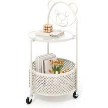 Costway - Petite Table Basse en Verre 2 Niveaux, Bout de Canapé Rond à Roulette avec Panier, Plateau en Verre Trempé, Cadre en Métal, Motif Ours,