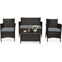 Salon de Jardin 4 pcs Mobilier de Terrasse en Rotin pe pour Véranda, Patio, Terrasse, Piscine, Marron et Gris - Costway