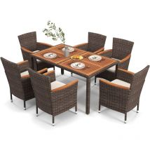Costway - Salon de Jardin en Rotin 7 Pièces Plateau de Table en Acacia, Ensemble de Salle à Manger de Patio avec Chaises Empilables, Coussins