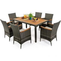 Costway - Salon de Jardin en Rotin 7 Pièces Plateau de Table en Acacia, Ensemble de Salle à Manger de Patio avec Chaises Empilables, Coussins