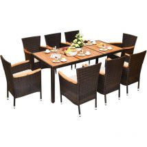 Costway - Salon de Jardin en Rotin 9 Pièces pour 8 Personnes Plateau de Table en Acacia, Ensemble de Salle à Manger de Patio avec Coussins Amovibles,