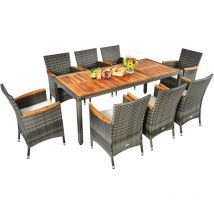 Costway - Salon de Jardin en Rotin 9 Pièces pour 8 Personnes Plateau de Table en Acacia, Ensemble de Salle à Manger de Patio avec Coussins Amovibles,