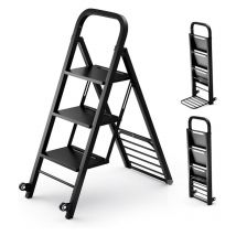 Scala a 3 Gradini Pieghevole con Ruote, 2 in 1 Scala e Carrello a Mano, Carrello a Mano con Ampie Pedane, Carrello Portapacchi a Scala in Metallo,