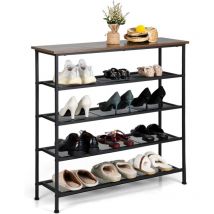 Scarpiera in Metallo a 5 Livelli, Scaffale Porta Scarpe con Ripiani in Rete Metallica e Piano in Legno, Scarpiera per 16-20 Paia di Scarpe da