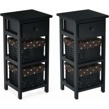 Costway - Set de 2 Table de Chevet Table de Nuit en Bois de Paulownia avec 1 Tiroir et 2 Panier d'Osier Amovible Style Chic Vintage Rustique