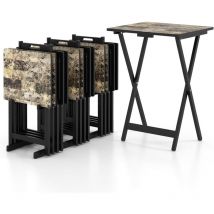 Costway - Set de 4 Tables de Jardin Pliantes en Bois, Table Basse Extérieur Charge 30KG avec Plateau Imitation Marbre, pour Jardin Balcon Salon, 48 x