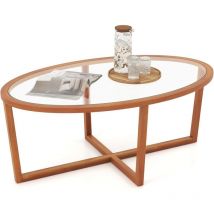 Table Basse en Verre Trempé, Table Basse Bois Ovale, Pieds Croisée en Bois d'Acacia, Table de Salon Naturel, Brun - Costway