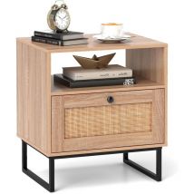 Costway - Table de Chevet Bois, Table de Nuit Rotin avec Tiroir, Pieds en Métal, Design Cannage, Compartiment, Style Bohème, Chevet Bois pour