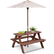 Costway - Table de Pique-Nique Enfants en Bois avec Parasol Amovible 89x79x50cm, Table d'Activités Enfants avec 1 Table et 2 Bancs pour Jardin