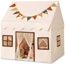 Tente de Jeux Enfant avec Guirlandes Lumineuses & Drapeaux, Cabane Enfant Interieure avec 3 Fenêtres & Tapis Antidérapant, Rideaux en Maille, Style