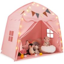 Tente de Jeux Enfant avec Guirlandes Lumineuses & Drapeaux, Cabane Enfant Interieure avec Fenêtres & Tissu Lavable, Style Princesse pour 3 Enfants de