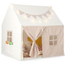 Tienda de Campaña Infantil, Carpa Infantil con Tapete Acolchado, 2 Ventanas y 2 Bolsillos de Almacenamiento, Luces de Estrellas y Pancarta de Bandera