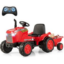 COSTWAY Tractor Electrico para Niños 12V,Coche Eléctrico para Niños 2 en 1 con Remolque y Control Remoto,Conexión Inalámbrica, Luces,Bocina,