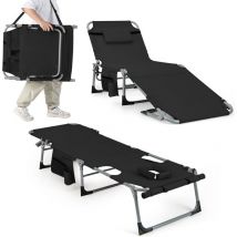Tumbona Jardin Exterior, Tumbona Plegable con 5 Posiciones de Respaldo, Reposapiés Ajustable, Orificio, Almohada Extraíble, Tumbona Playa Piscina