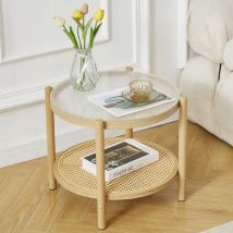 Cosvalve - Boho Rattan Coffee Table, Round Glass Metal End Table, Modern Simple 2 Tier side Table for Sofa Bed Side Small Space Living Room Bedroom