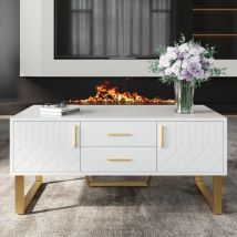 Dans Les Nuages - Couchtisch 100 cm, rechteckig, mit 2 Türen, 2 Schubladen, glänzend, Metallgriffe und -füße, Wohnzimmertisch aus Holz – Weiß