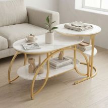 Couchtisch 2er Set, Satztische 80cm & 52cm, Beistelltisch Mit 2 Ebenen In Marmor-optik, Stabiles Metallgestell, Moderner Wohnzimmertisch, Gold