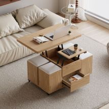 Couchtisch, Anhebbar, Multifunktional, 100 Cm - Höhe Verstellbar, 4 Versteckte Hocker, Geräumiger Stauraum, Feststellrollen - Ideal Für Kleine Räume, 
