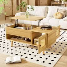 Couchtisch Mit Anhebbarer Tischplatte, 2 Türen In Rattan-optik, Stauraum, 103 × 50 × 46 Cm, Holzfarbe