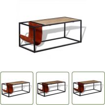 Doc&et² - The Living Store Couchtisch mit Zeitschriftenhalter aus Echtleder 110x50x45 cm - Industriel Stil - Couchtisch - Holztisch - Mangoholz