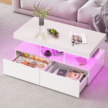 Couchtisch, Wohnzimmertisch, Salontisch, Led-couchtisch In Hochglanz Mit Stauraum Und App-/fernbedienung, Modernes Zweischichtiges Design, Weiß