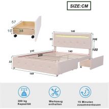 L&h-cfcahl - Polsterbett 140 x 200 cm mit led, Lattenrost & Bettkasten auf Rollen,, Einzelbett mit Kopfteil & 4 Schubladen, hautfreudliches