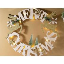 Kontarboor - Couronne de Noël, Guirlande en bois Joyeux Noël à suspendre avec des lumières led diamètre 44 cm.