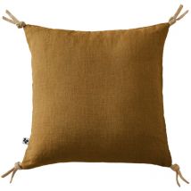 Coussin 45 x 45 cm en lin lavé caramel avec 4 nouettes en jute - LUISA
