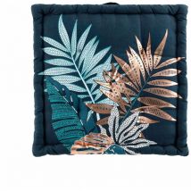 Coussin de sol garni - 60 x 60 cm x 10 cm - Feuillage - Bleu et cuivre métallisé