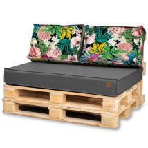 Coussins de jardin pour europalettes 120x80 + 120x40 gris foncé + fleurs