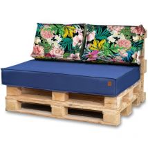 Blomster - coussins de jardin sur europalettes 120x80 + 2x 60x40 bleu marine + fleurs