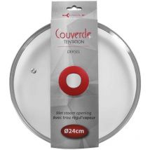 Durandal - Couvercle en verre cerclée inox et poignée rouge Tentation 24 cm, couvercle adapté pour poêles 24 cm et poêles Tentation