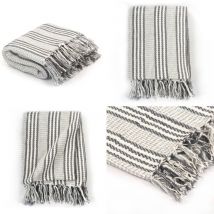 Couverture coton à rayures 220x250 cm Gris et Blanc - Couverture - Plaid - Coton - Gris - Blanche - Home & Living