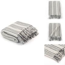 Couverture coton à rayures 220x250 cm Gris et Blanc - Couverture - Plaid - Coton - Gris - Blanche