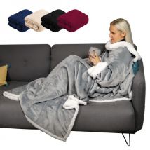 Couverture polaire, plaid intégral avec manches et poche - 140 x 210 cm - Sherpa et flanelle - Adulte - Gris Vivezen